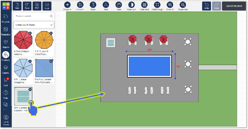 The deck designer allows users to drag umbrellas, cabanas, and furniture onto a scaled layout to visualize poolside arrangements before purchasing.